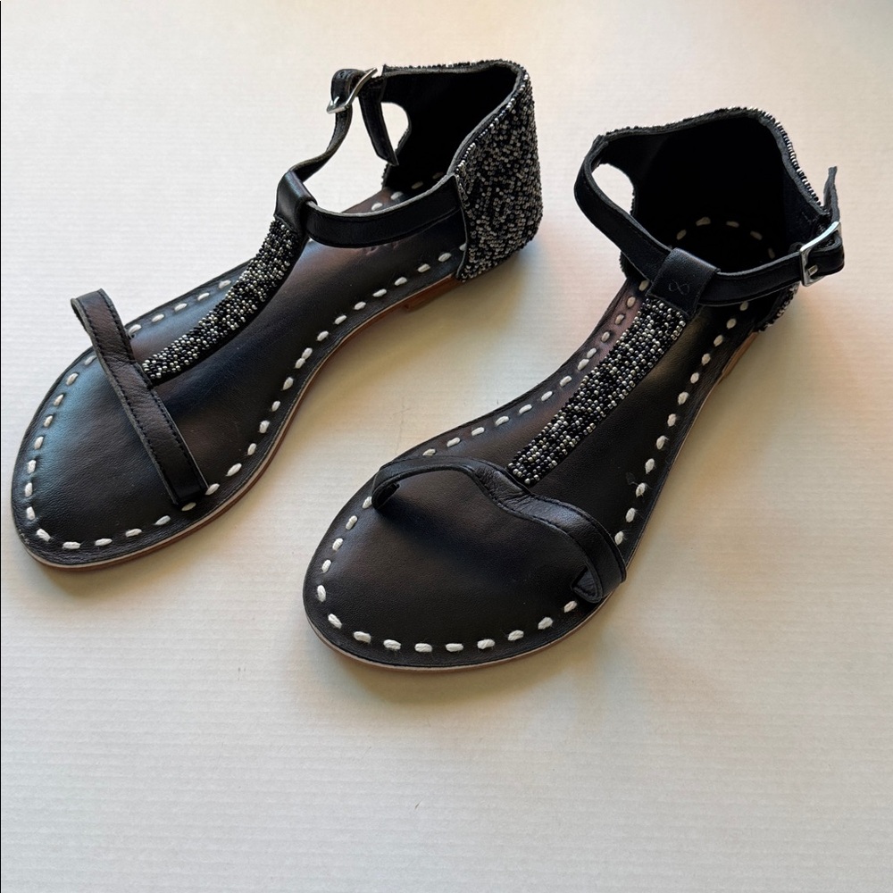 Black Leather Beaded Women's Sandals 5.5